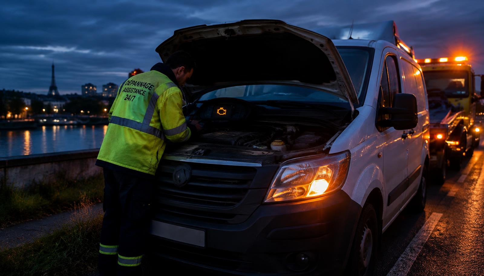 Dépanneur intervenant sur un véhicule diesel en panne AdBlue de nuit en Île-de-France